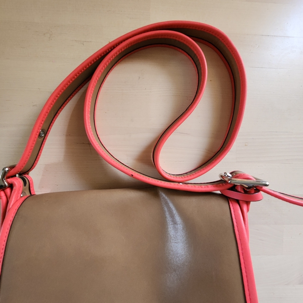 Coach Rambler Tan & Coral Leather Flap Shoulder Bag - Picture 8 of 14